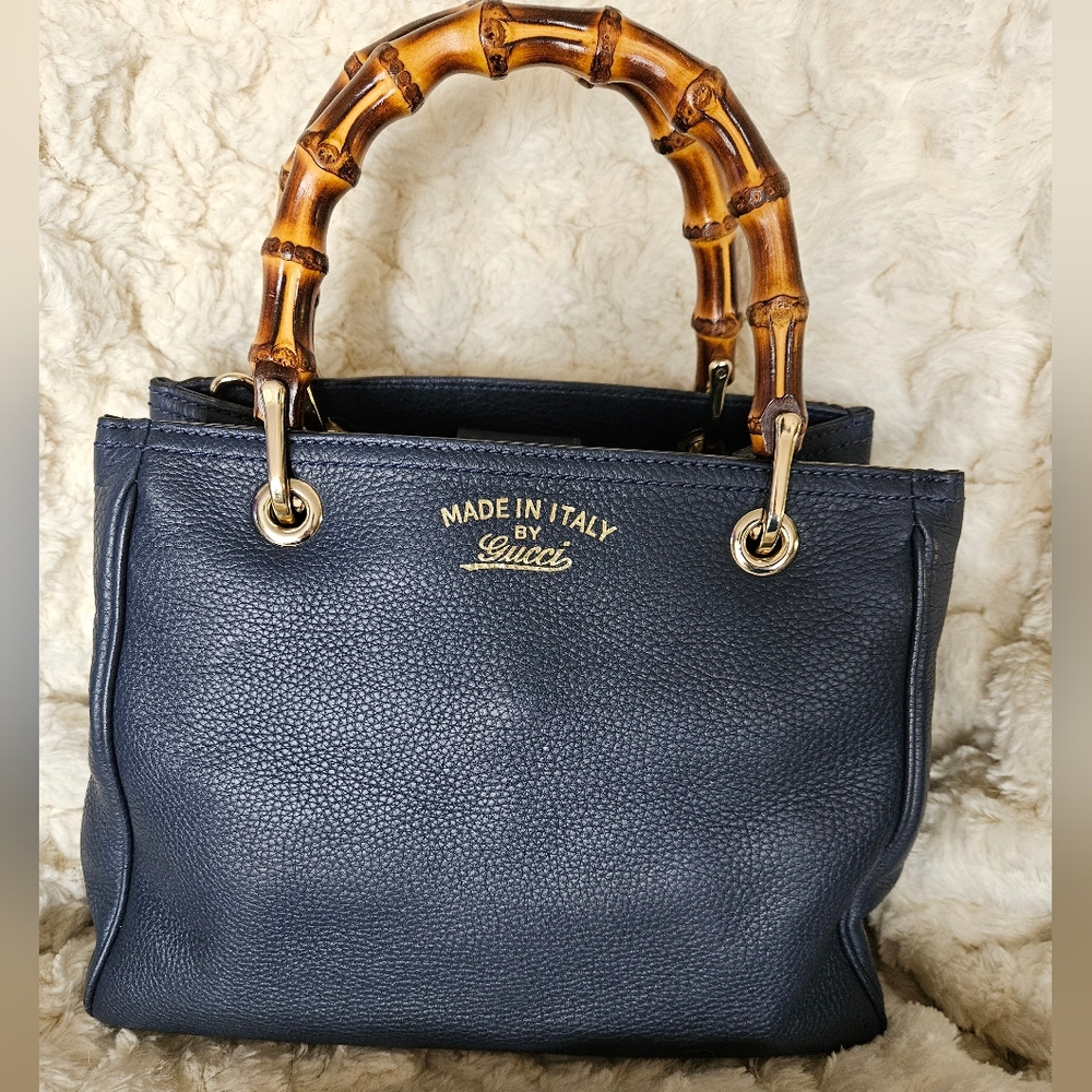 GUCCI 2 Way Bamboo Leather Small Shopper Navy 336032